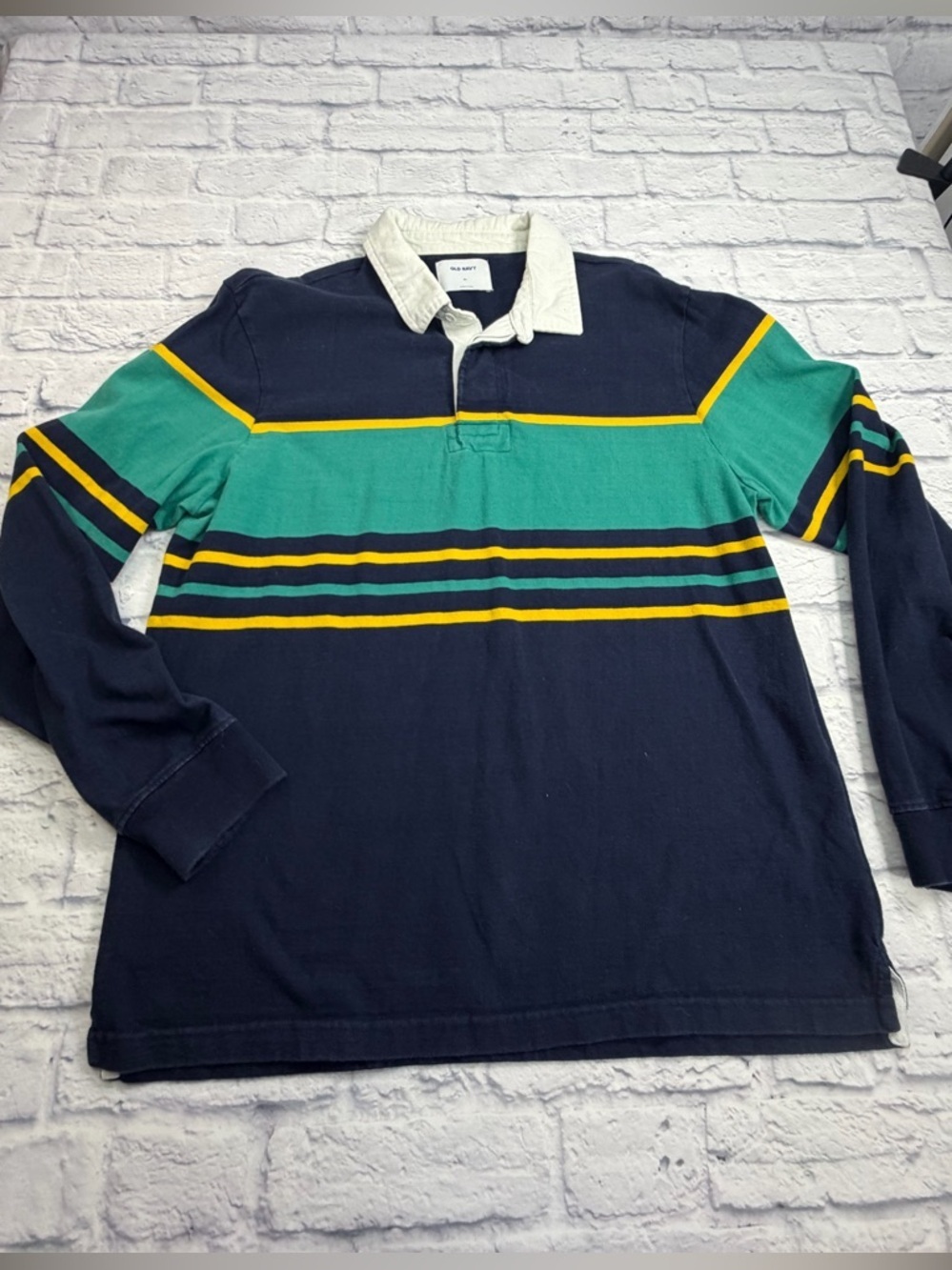 Old Navy Men's Navy & Teal Rugby Polo with Yellow Stripe. Size XL. Blokecore